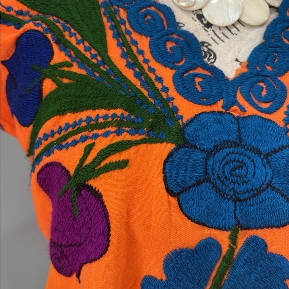 Vibrant Orange Blouse with Blue Floral Design - Picture 3 of 6